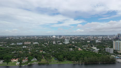 Aerial-view-over-the-water-near-a-waterfront-park-in-Miami