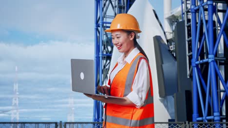 vista lateral de una ingeniera asiática con casco de seguridad trabajando en una computadora portátil mientras está de pie con el transbordador espacial