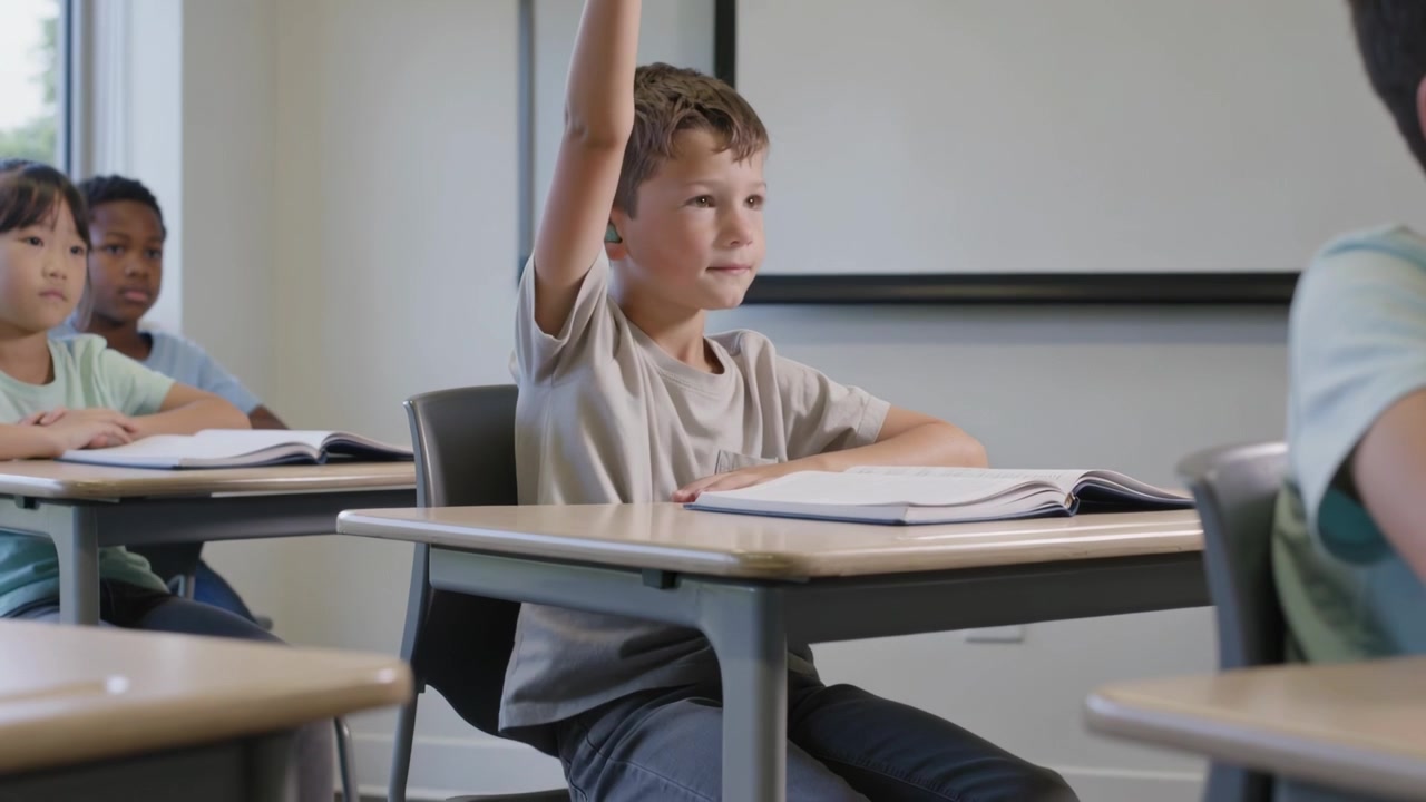 Un ragazzo appoggiato con una maglietta grigia alza la mano in classe, rispondendo a una domanda dell'insegnante con un apparecchio acustico color verde acqua.
