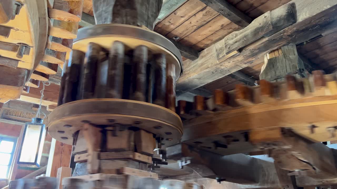 Rotating mechanism Inside windmill at the Zaanse Schans near Amsterdam, close up, static shot