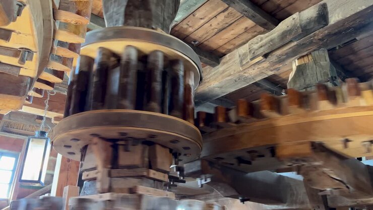 Rotating mechanism Inside windmill at the Zaanse Schans near Amsterdam, close up, static shot