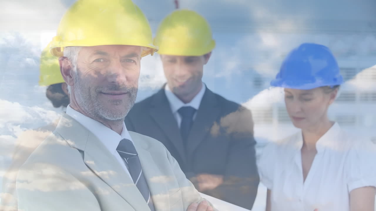 animación de un grupo de arquitectos en una reunión de lluvia de ideas con nubes.