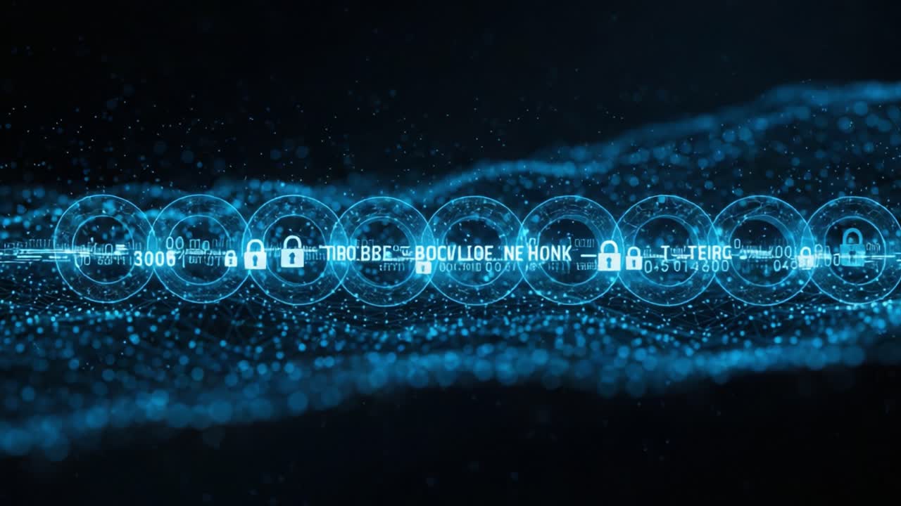 Visual Representation of Secure Data Transmission with Lock Symbols Amidst a Futuristic Network of Binary Code and Waves of Digital Particles