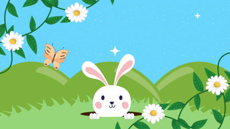feliz pascua tarjeta animada con conejo en el campamento