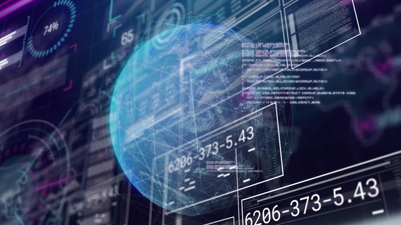 animación de gráficos, círculos de carga, barras, números cambiantes en el mundo contra un fondo abstracto