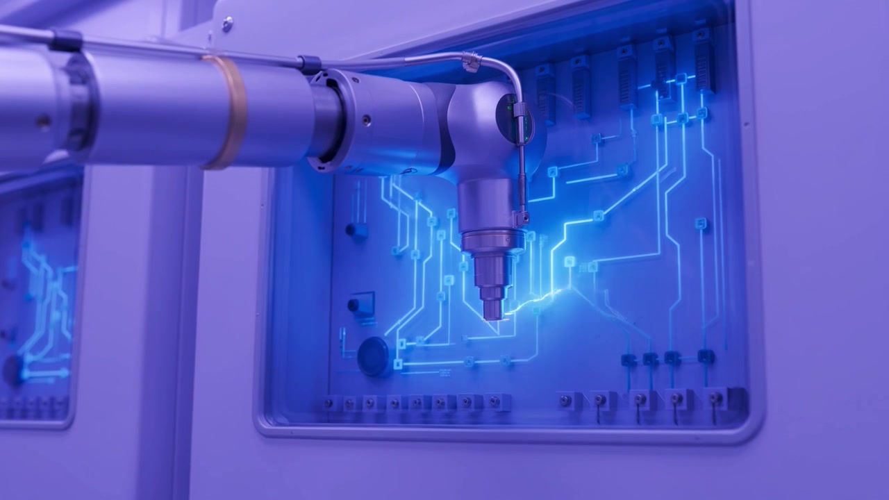 Robotic Arm Assembling Circuit Board in a Futuristic Laboratory