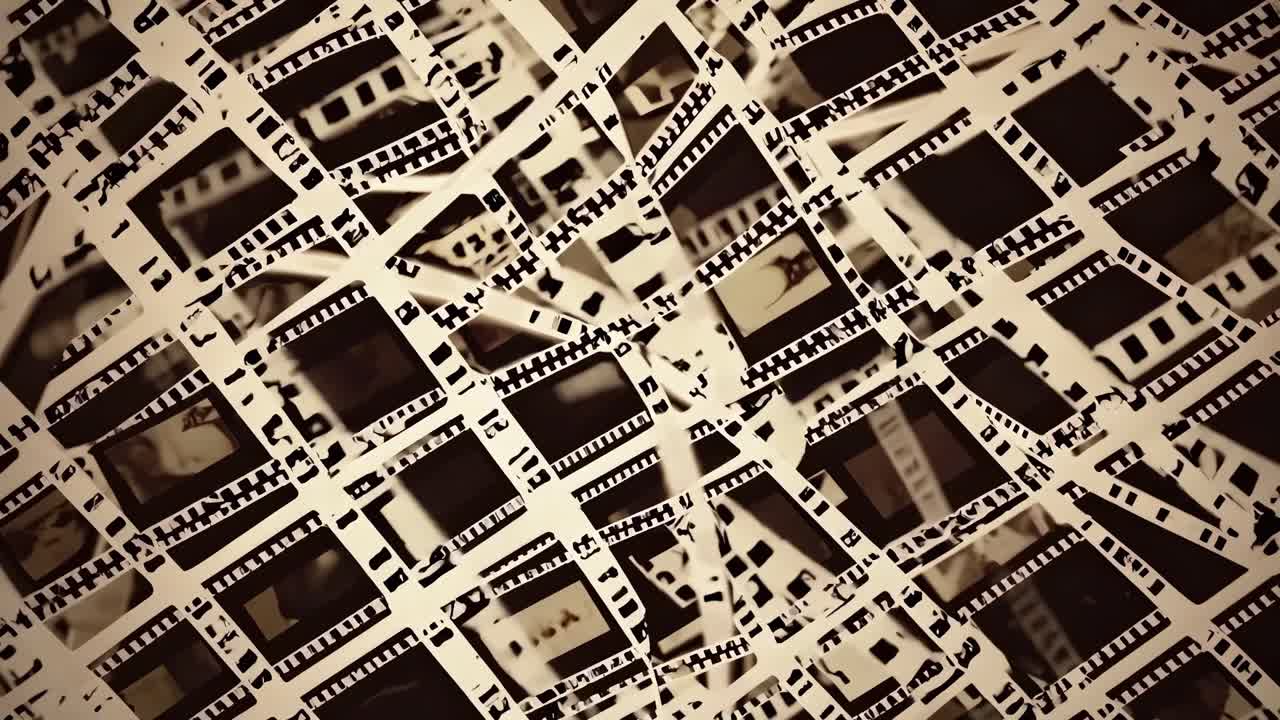 Many sepia toned film strips are overlapping, creating a nostalgic tapestry of cinematic memories, evoking a sense of history and the art of filmmaking