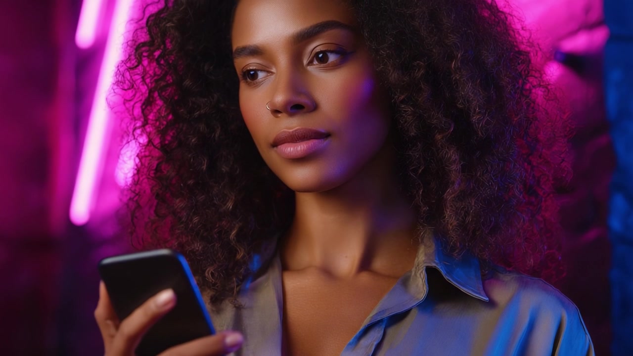 Momento accattivante: una donna con capelli ricci che tiene uno smartphone, illuminata da vivaci luci al neon, che emana sicurezza e curiosità in un ambiente moderno.