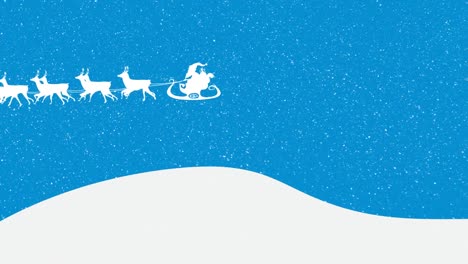 Animation-of-santa-claus-in-sleigh-with-reindeer-and-snow-falling-on-blue-background