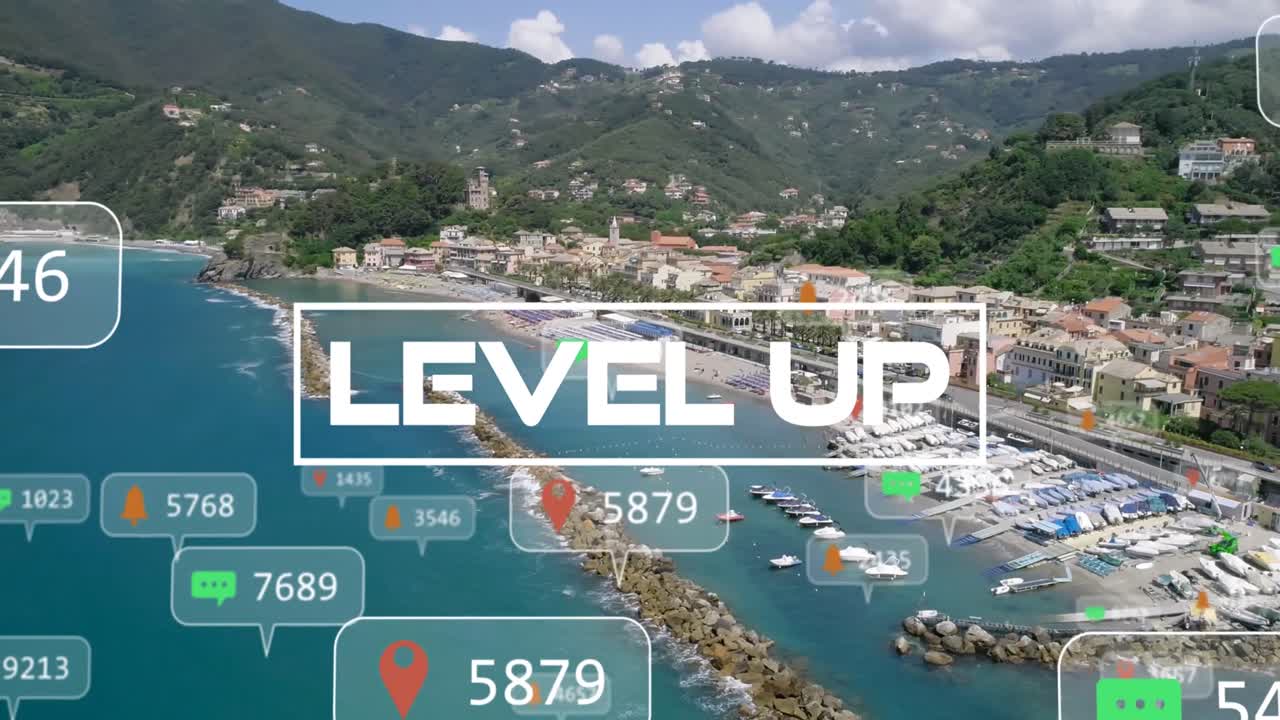 도시 풍경 위에서 성장하는 레벨 업 텍스트와 숫자의 애니메이션