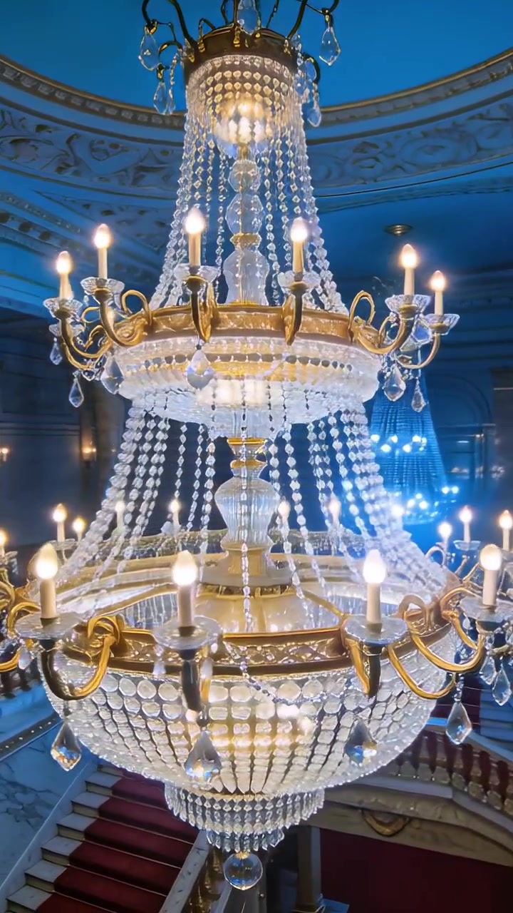 Video verticale: Obiettivo panoramico che rivela un lampadario di cristallo nell'atrio per mostrare dettagli interni opulenti.