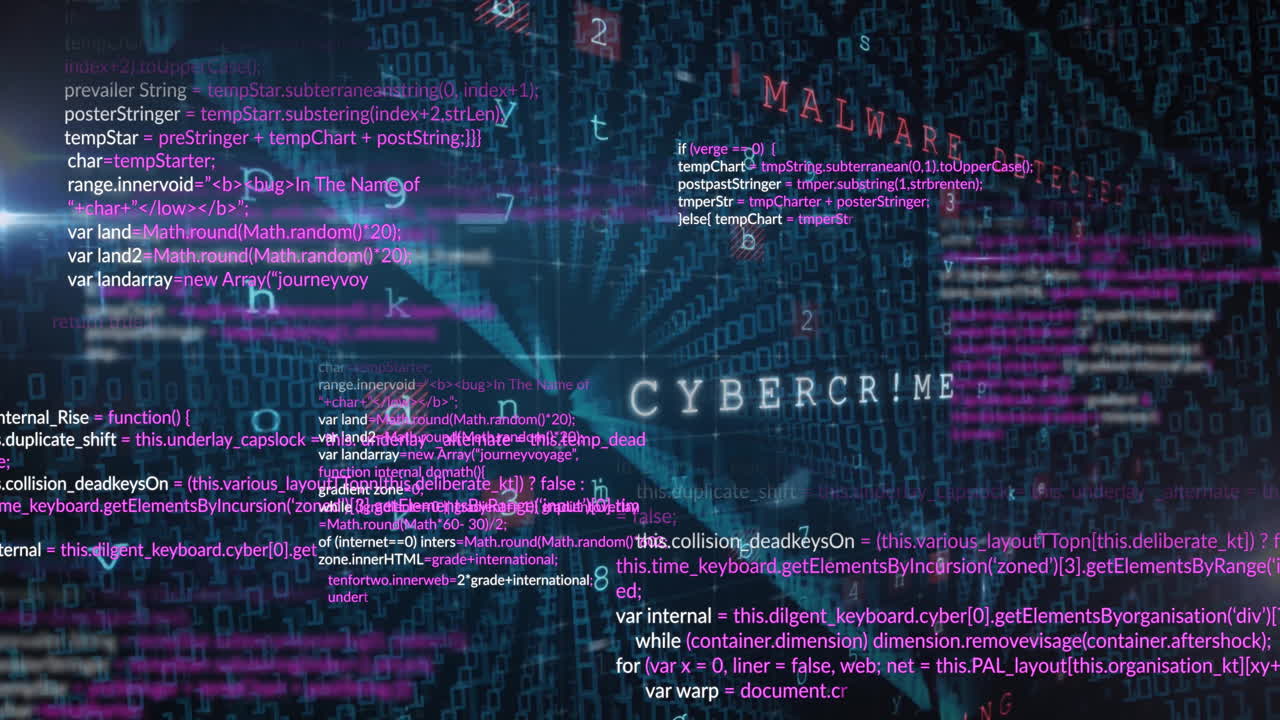 Animation of security warnings over data processing on dark background