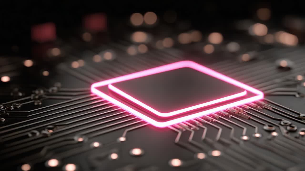 Close-up View of a Futuristic Microprocessor on a Circuit Board with Illuminated Edges, Highlighting Advanced Technology in Computing and Electronics