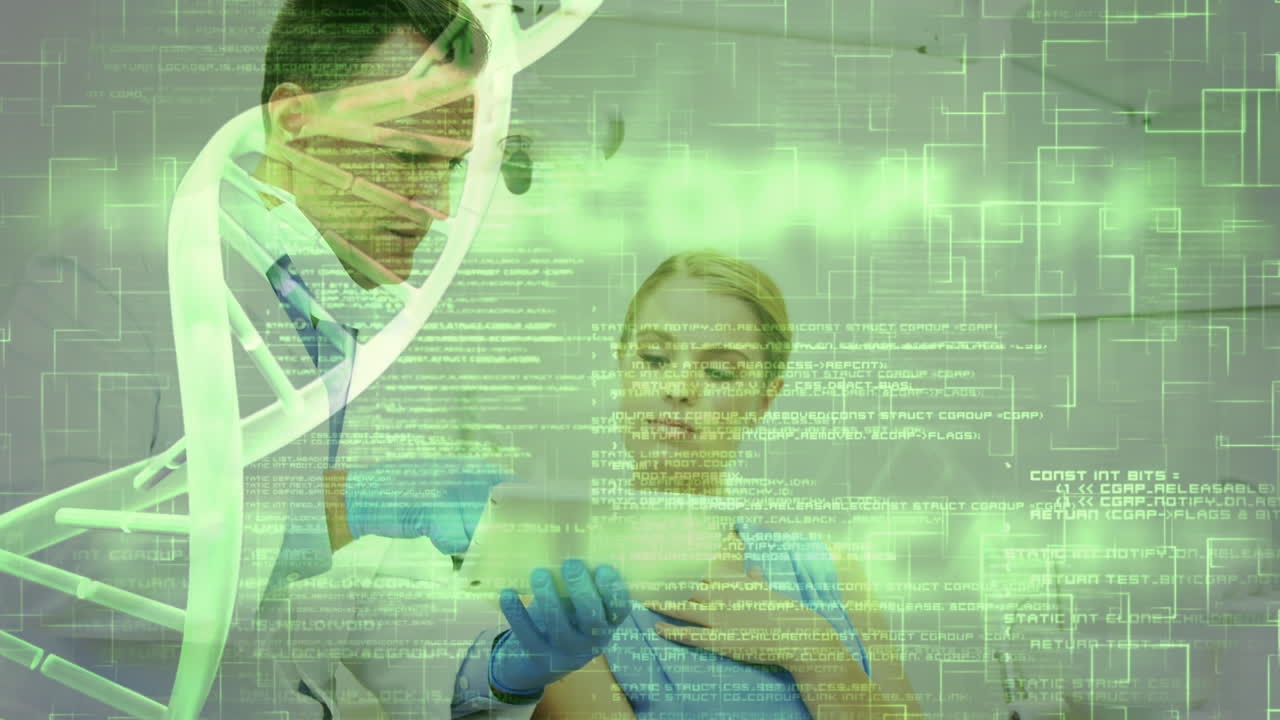 animación de código de programación y hélice de adn sobre médicos caucásicos discutiendo sobre una computadora digital