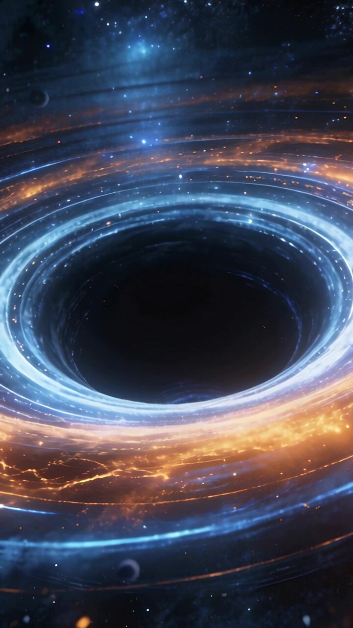 Vertical video: Gravity pulling luminous accretion disk and dark void, disk spiraling debris inward
