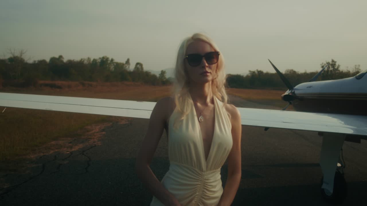 Woman in a dress near a private jet