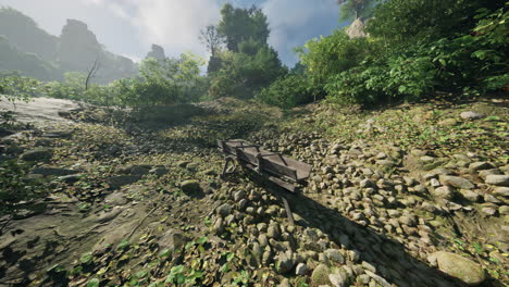 wooden cart on rocky path in lush jungle environment