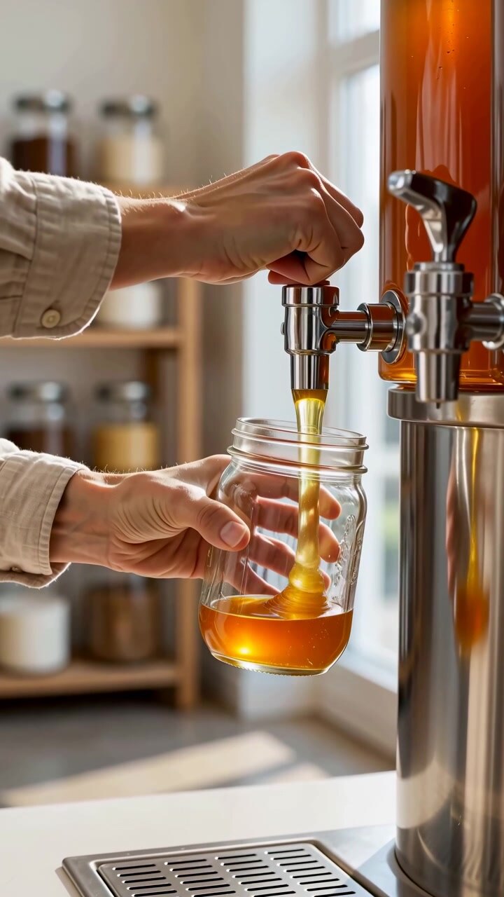 Close-up view shows hand holding clear jar while amber liquid flows from dispenser, with warm light, metallic surfaces, and organized interior background during filling process.