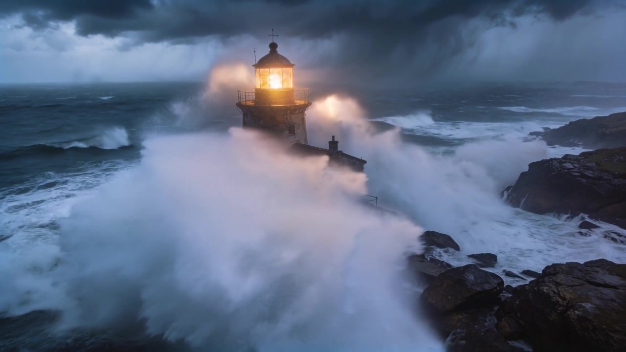 Faro in pietra splendente che affronta una tempesta in arrivo sulle rocce, con un drone in avvicinamento e onde che colpiscono i gradini.