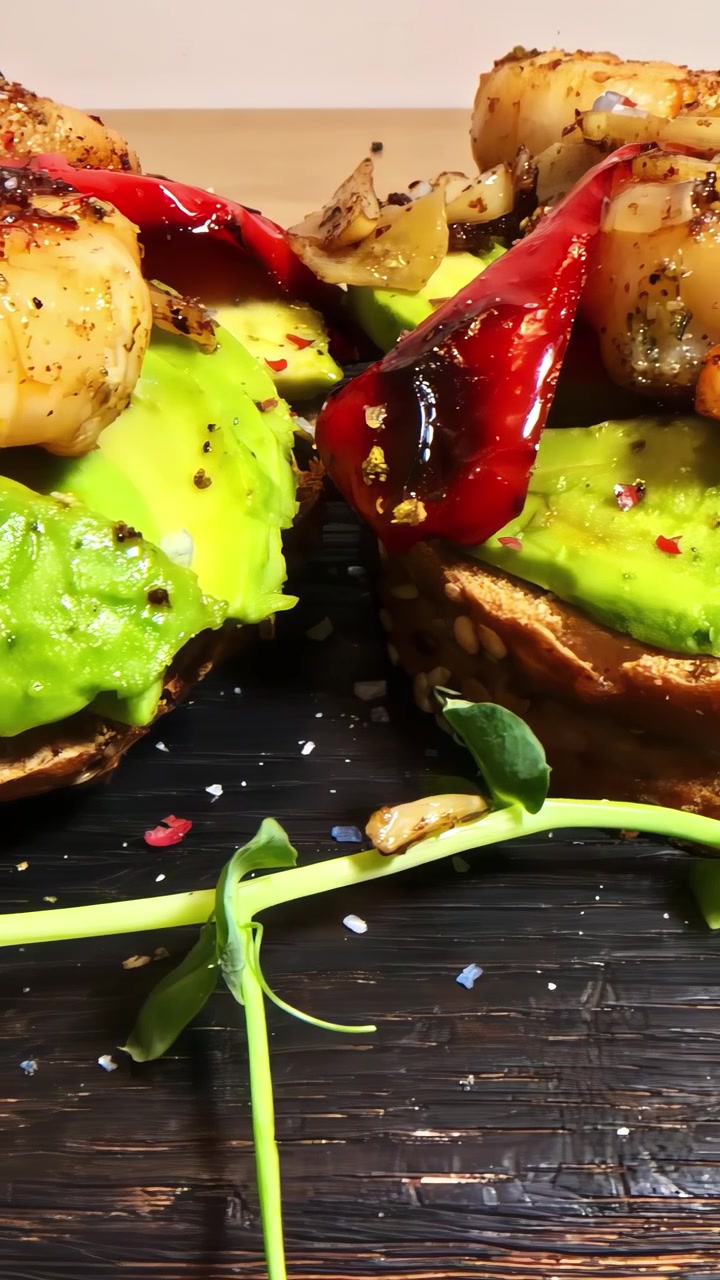 Una vivace presentazione di verdure grigliate e gamberi su toast con avocado, che offre un'esperienza culinaria fresca e colorata.