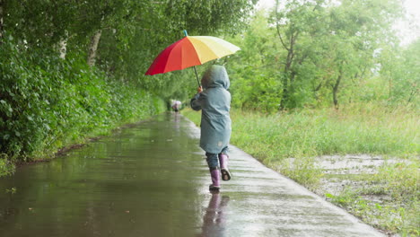 a young girl walking in the rain with an umbrella