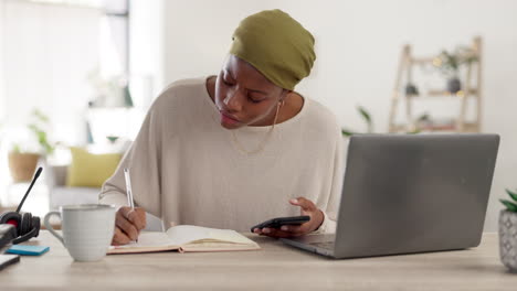 Laptop,-phone-and-woman-writing-notes