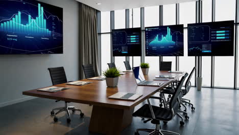 modern conference room with data visualization screens