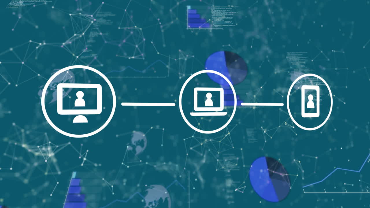 animación de la red de iconos digitales y la red de conexiones contra un fondo azul.