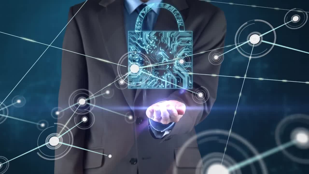 animación de la red de conexiones con iconos, candado digital y hombre de negocios