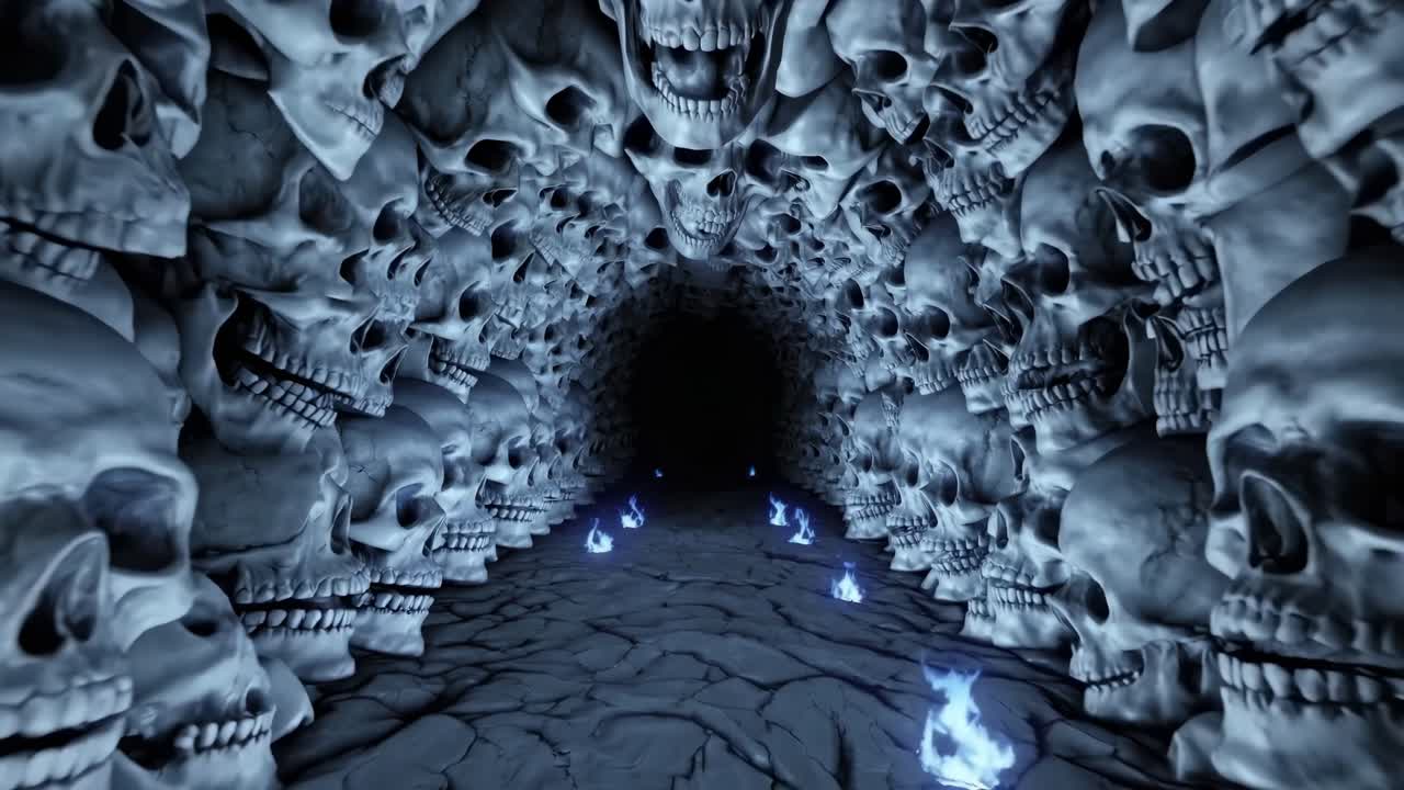 Tunnel of Skulls with Blue Flames