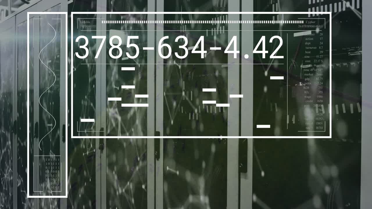 animación de la interfaz con procesamiento de datos y red de conexiones contra la sala de servidores.