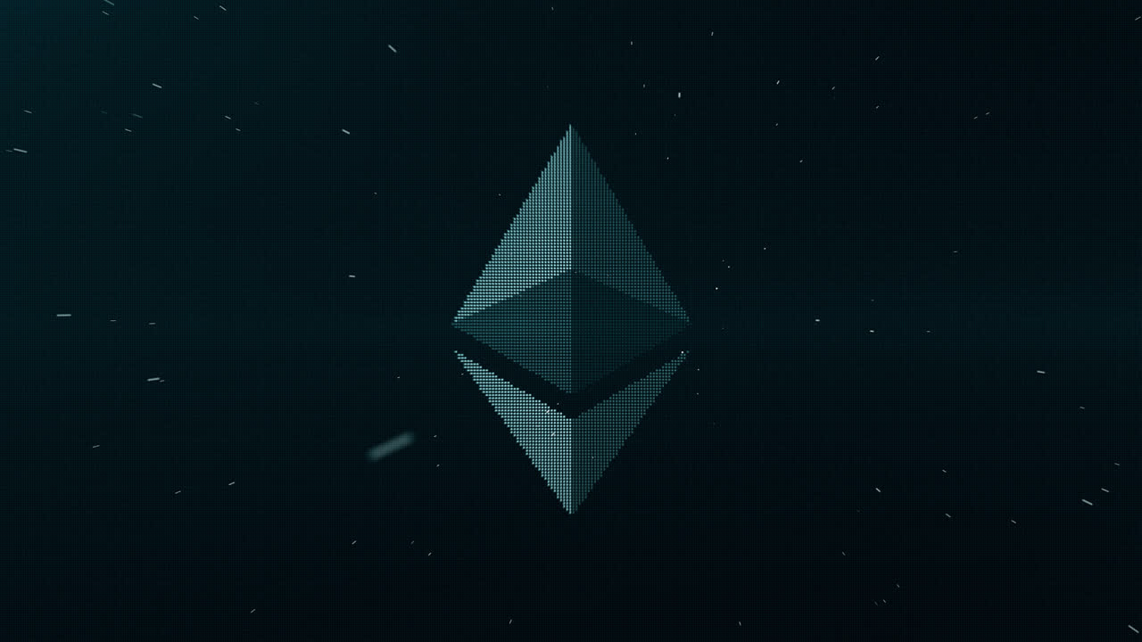 Ethereum ETH Cryptocurrency Dark Blue Logo Coin 3d Pixel Storm Retro Animation Motion Graphics Reveal with Particle Simulation special effects Digital Bitcoin Blockchain Virtual Currency Altcoin 4K