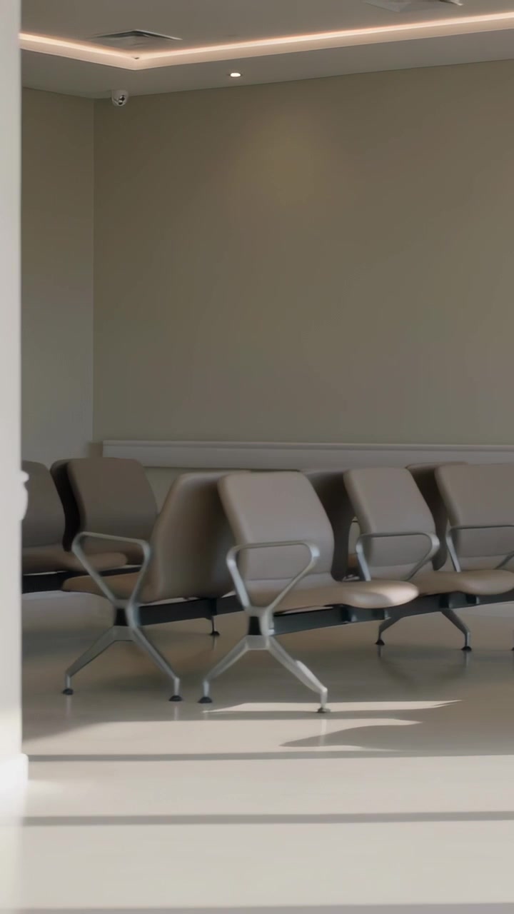 Vertical video: Panning camera following floor sunlight revealing metal seats, dome camera in lobby