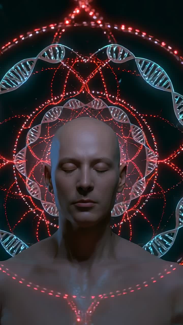 Video verticale: Primo piano di uomo calvo a torso nudo che entra in uno stato di calma in uno studio buio, mentre si forma un'elica di DNA.