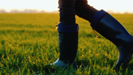 a farmer in rubber boots walks across a green field only legs are visible in the frame steadicam fol