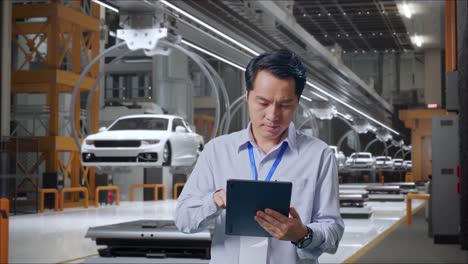 un trabajador profesional asiático de pie con su tableta en una fábrica de automóviles ev, una instalación industrial de alta tecnología, trabaja continuamente con su tablet