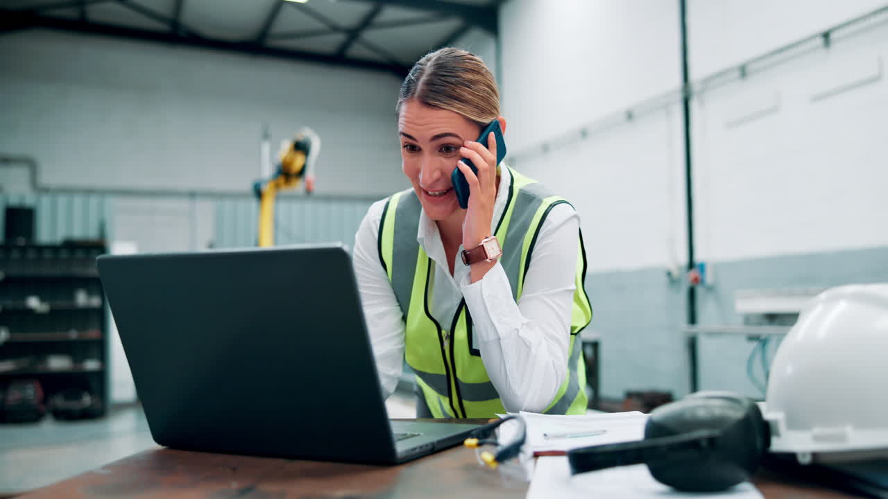 Woman Engineer in a Factory Working on a Laptop