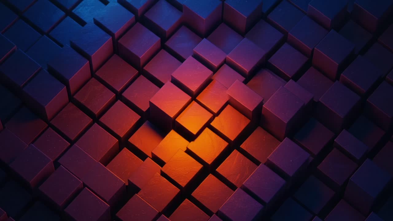 Dynamic Abstract Composition of Geometric Cubes Highlighting a Vivid Orange Center Amidst Cool Purple Hues, Creating a Mesmerizing Visual Contrast in 3D Space