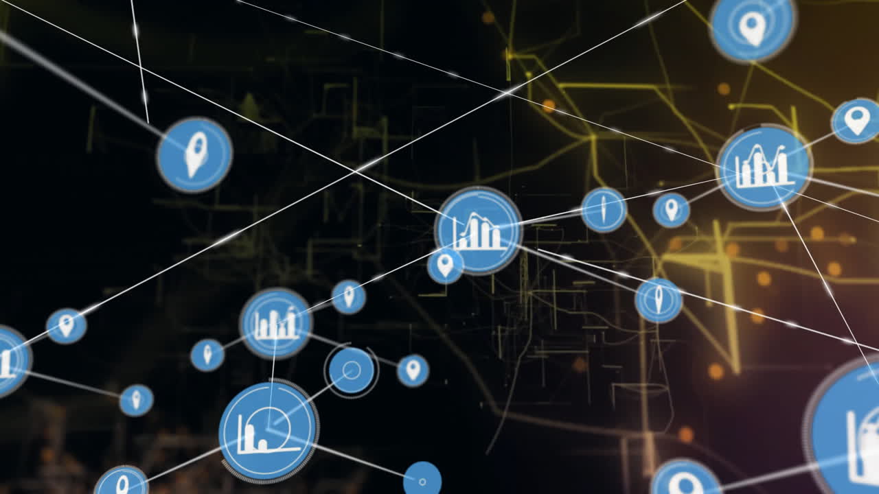 Animation of network of connections with graph icons over dark background