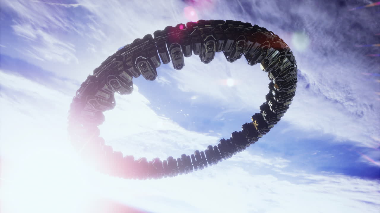 Floating ring structure in the sky with clouds and sunlight