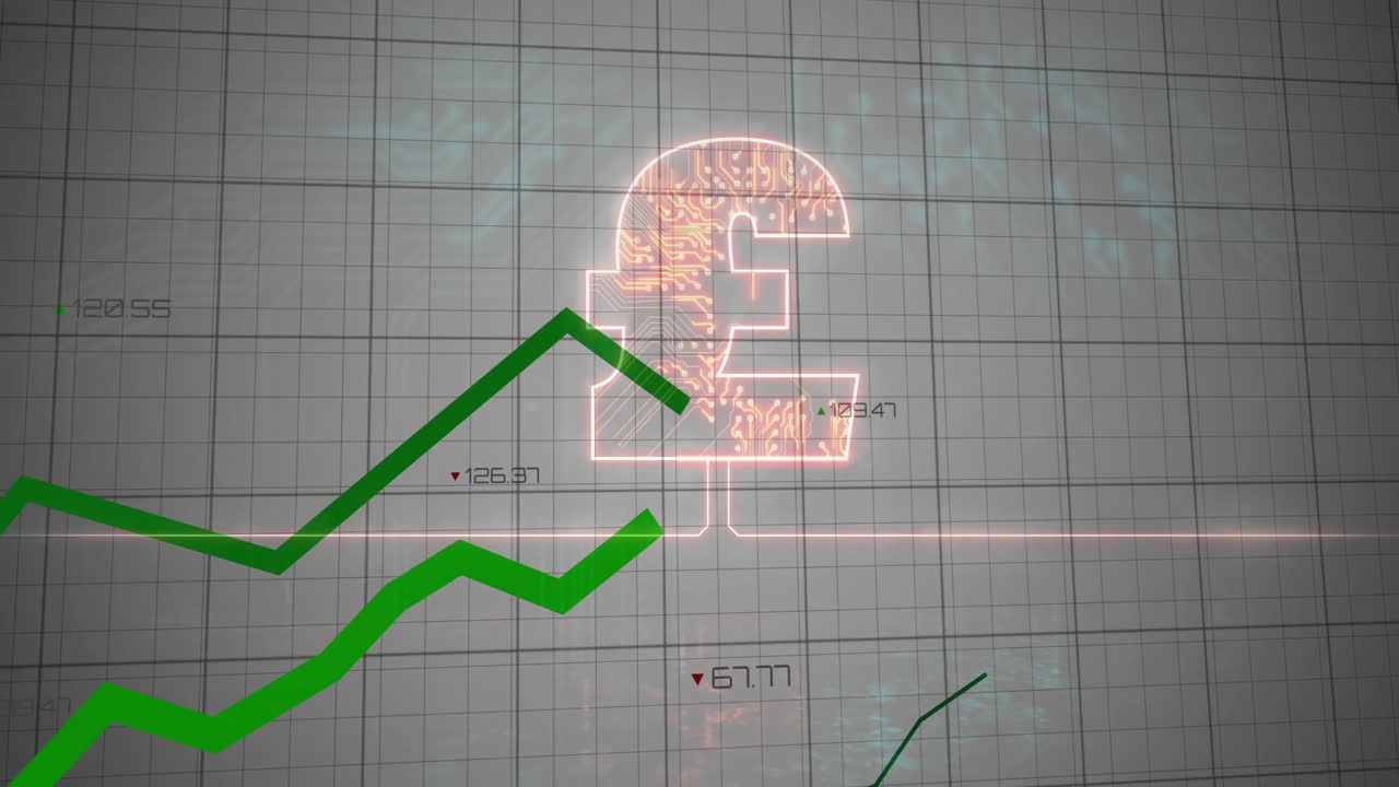 Displaying neon circuit-patterned pound sign glowing on grid with rising green lines and labels