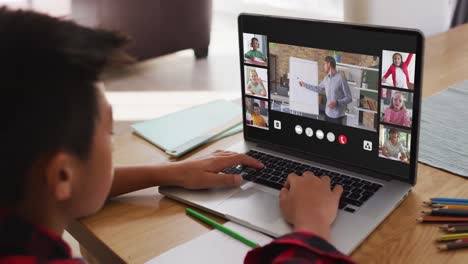 Schoolboy-using-laptop-for-online-lesson-at-home,-with-diverse-teacher-and-class-on-screen