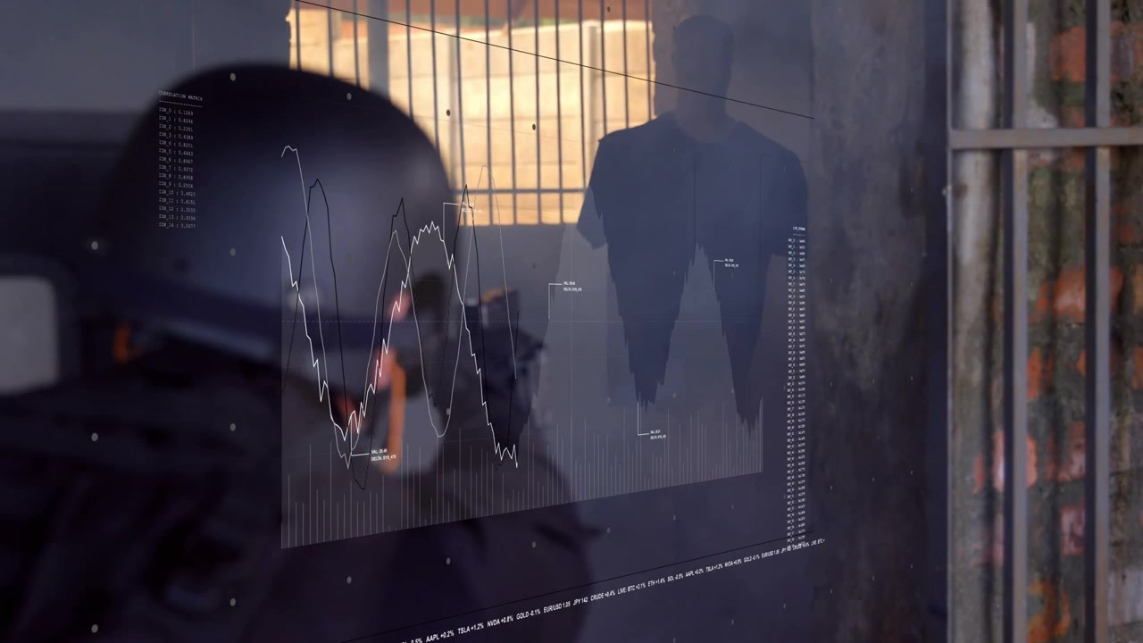 Teknisi berhelm membawa perangkat ke kaca, menyebabkan overlay tumbuh menjadi plot garis dan batang untuk mengungkapkan data.