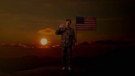 full body of asian man soldier smiling, waving hand, and saying bye while standing with flag of the united states, sunset time