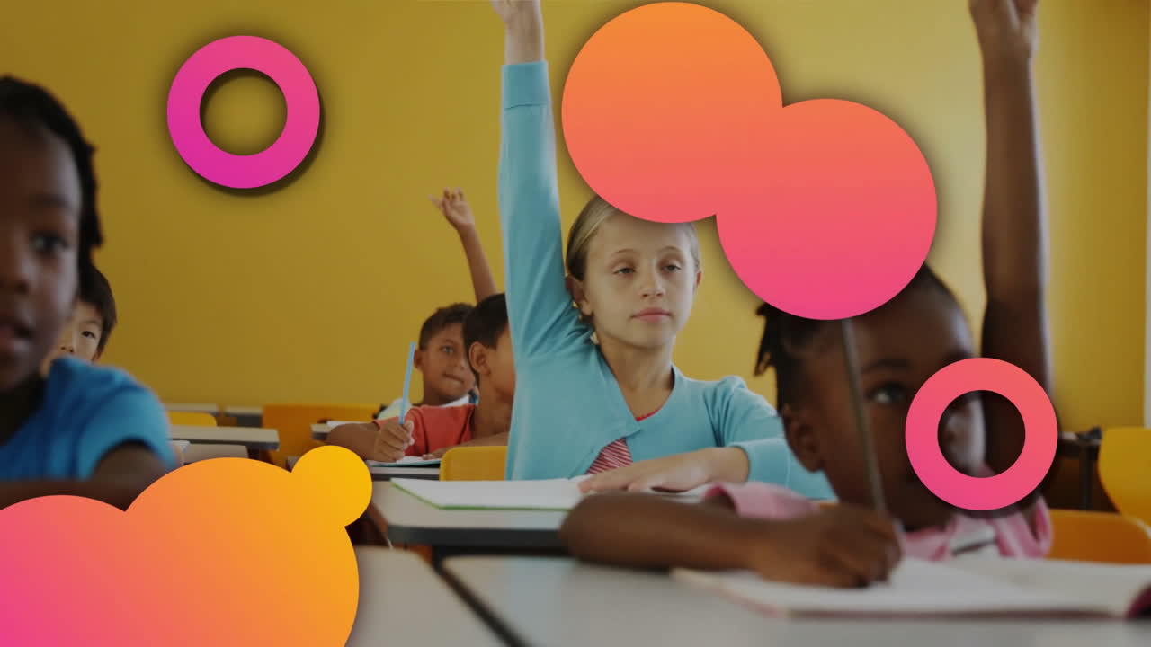 Students in classroom raising hands with colorful shapes overlay animation