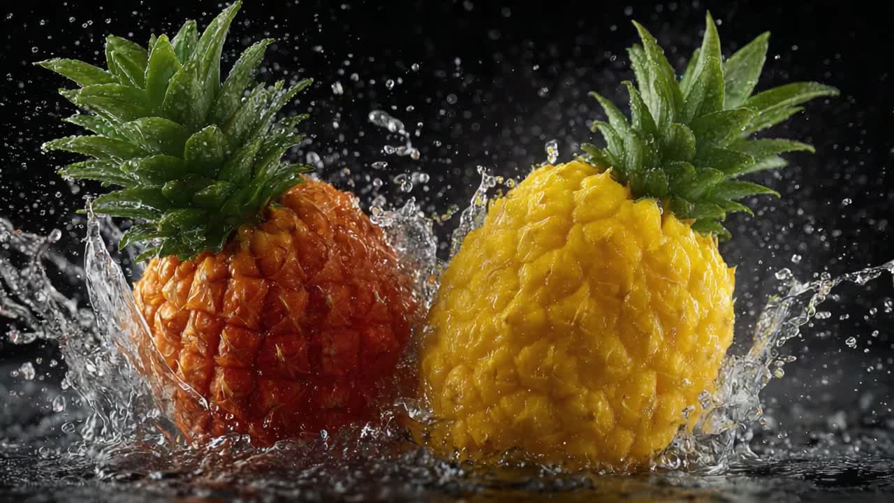 A Capture of Two Vibrant Pineapples Splashed in Water: Freshness and Juiciness Enhance Their Colorful Appeal in a Stunning Visual Display