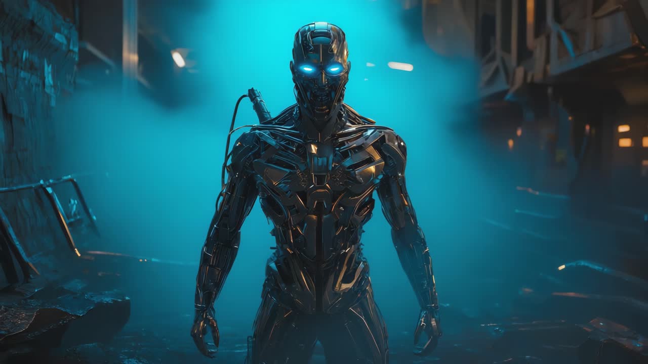 A highly detailed robot with glowing blue eyes stands in a smoky, dark environment