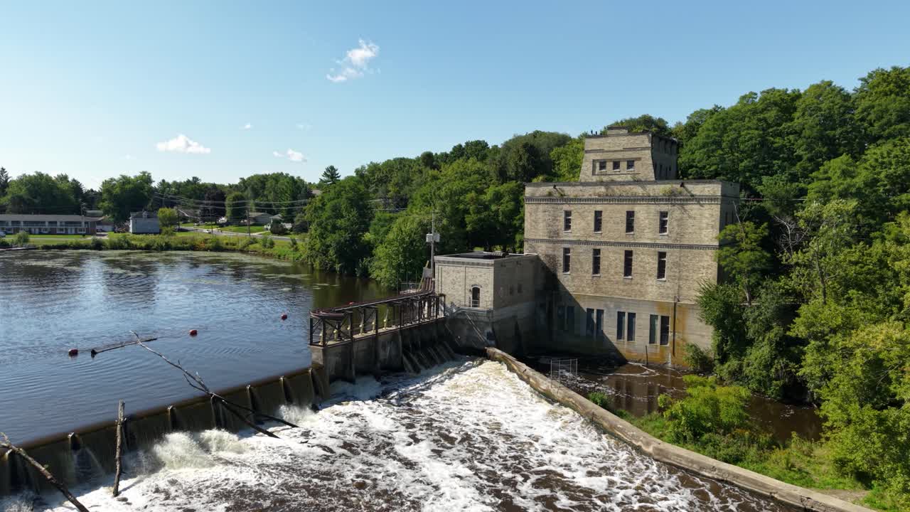 River dam drone shot in wisconsin