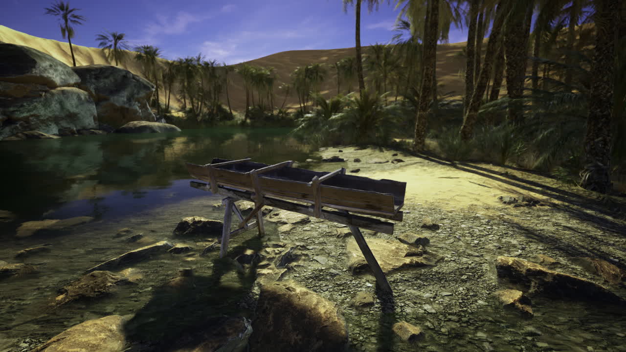 Tranquil oasis with wooden water trough surrounded by palm trees and desert