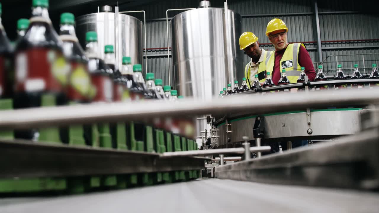trabajadores que comprueban botellas en la línea de producción